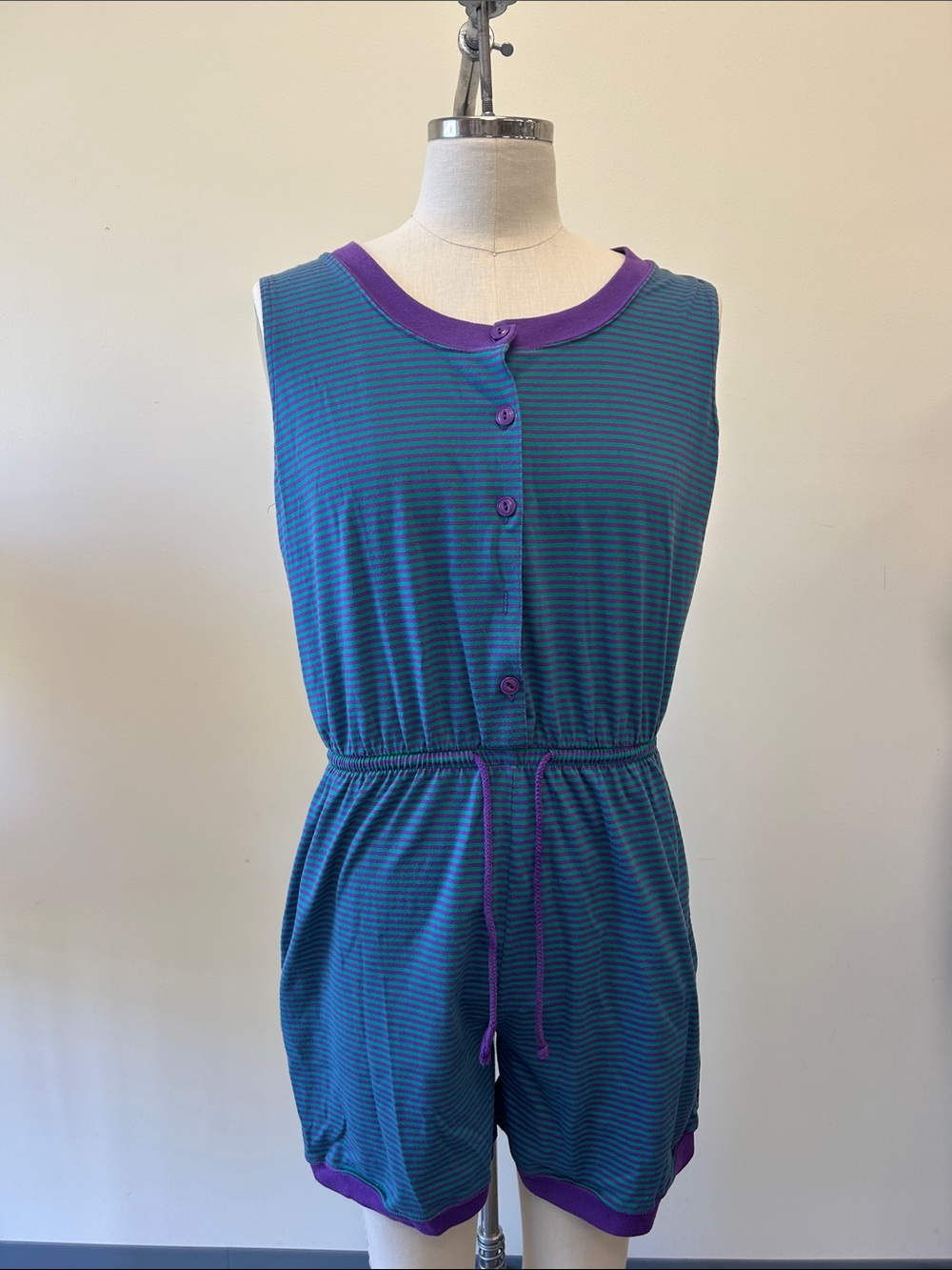 Vintage South Beach L Super 90s Teal & Purple Striped Drawstring Waist Romper